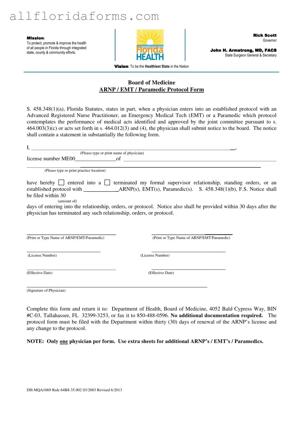 Arnp Florida Protocol Form in PDF