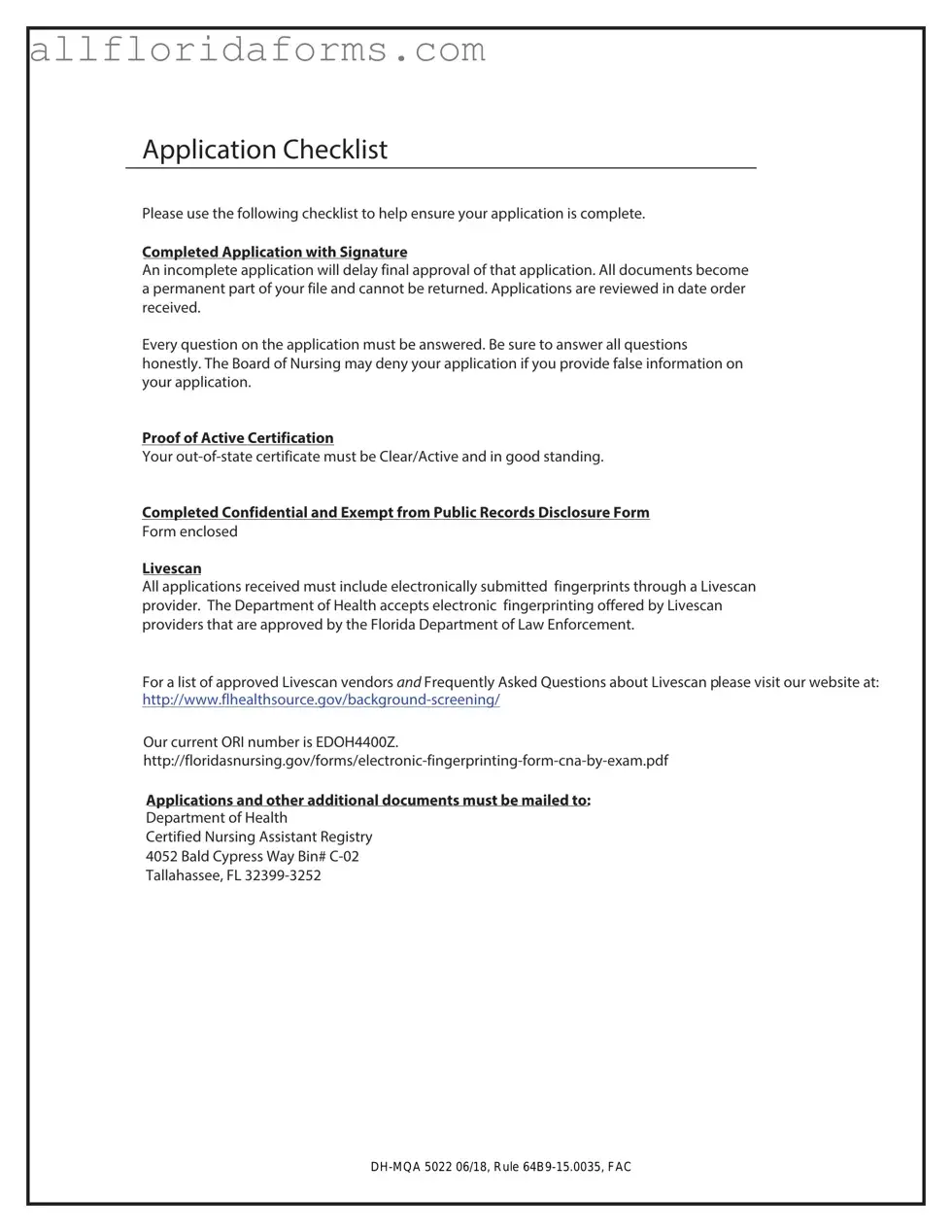 Cna License To Florida Form in PDF