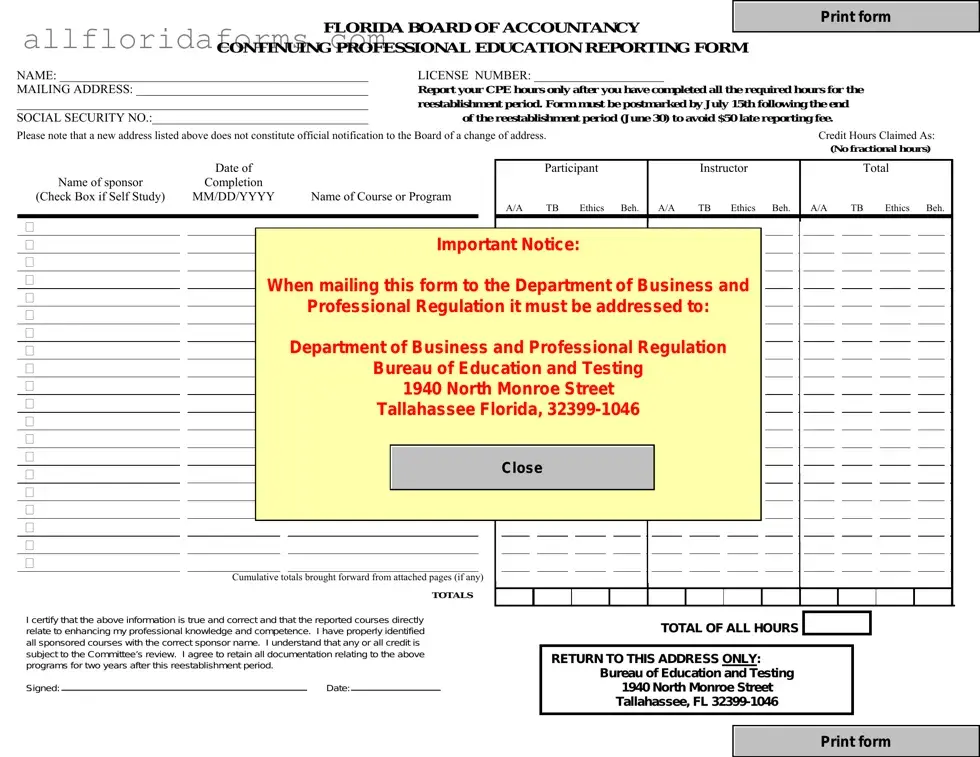 Cpe Reporting Florida Form in PDF