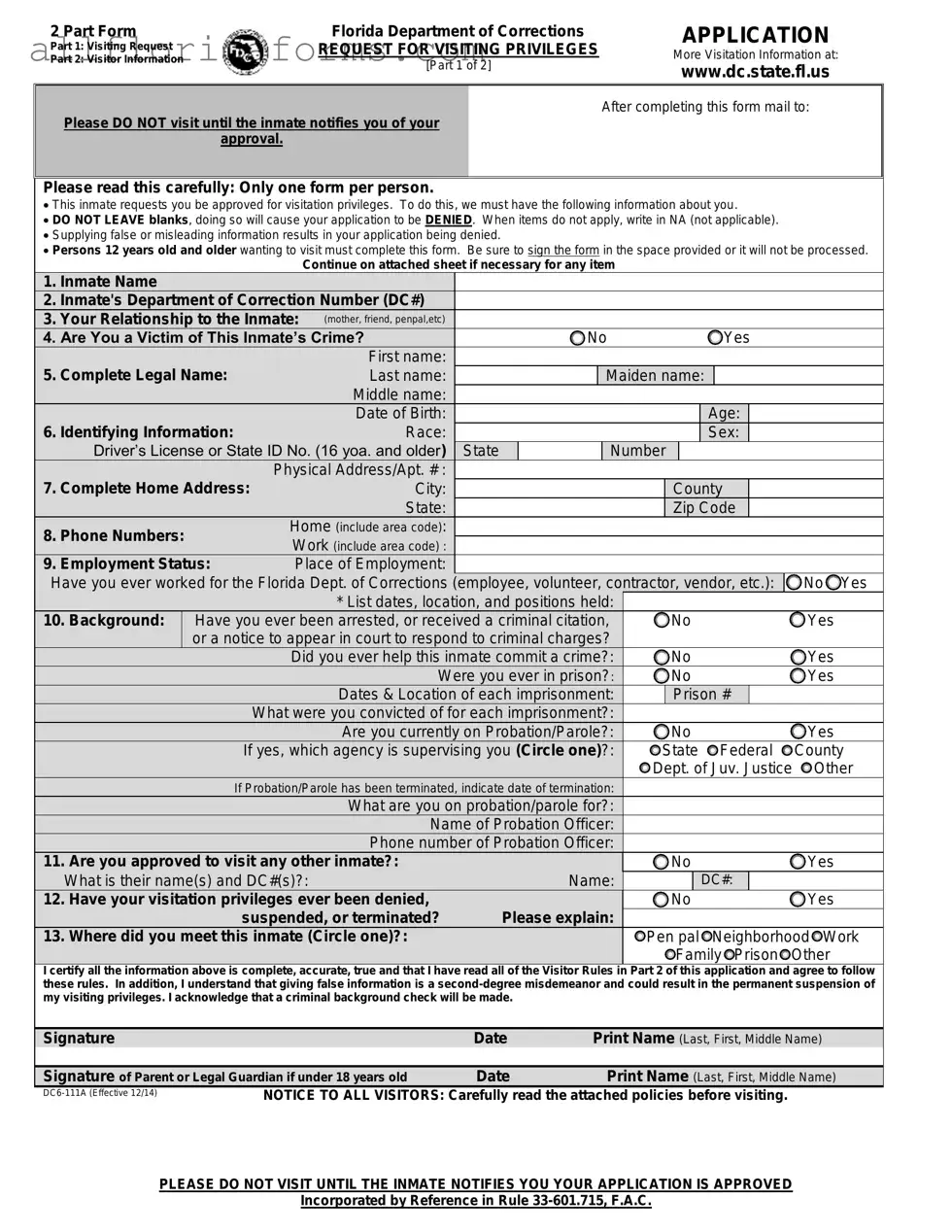 Department Of Corrections Visitation Florida Form in PDF