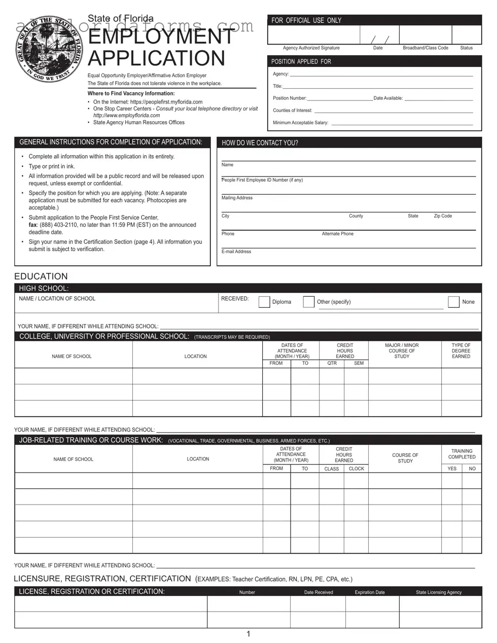 Employment Application Florida Form in PDF