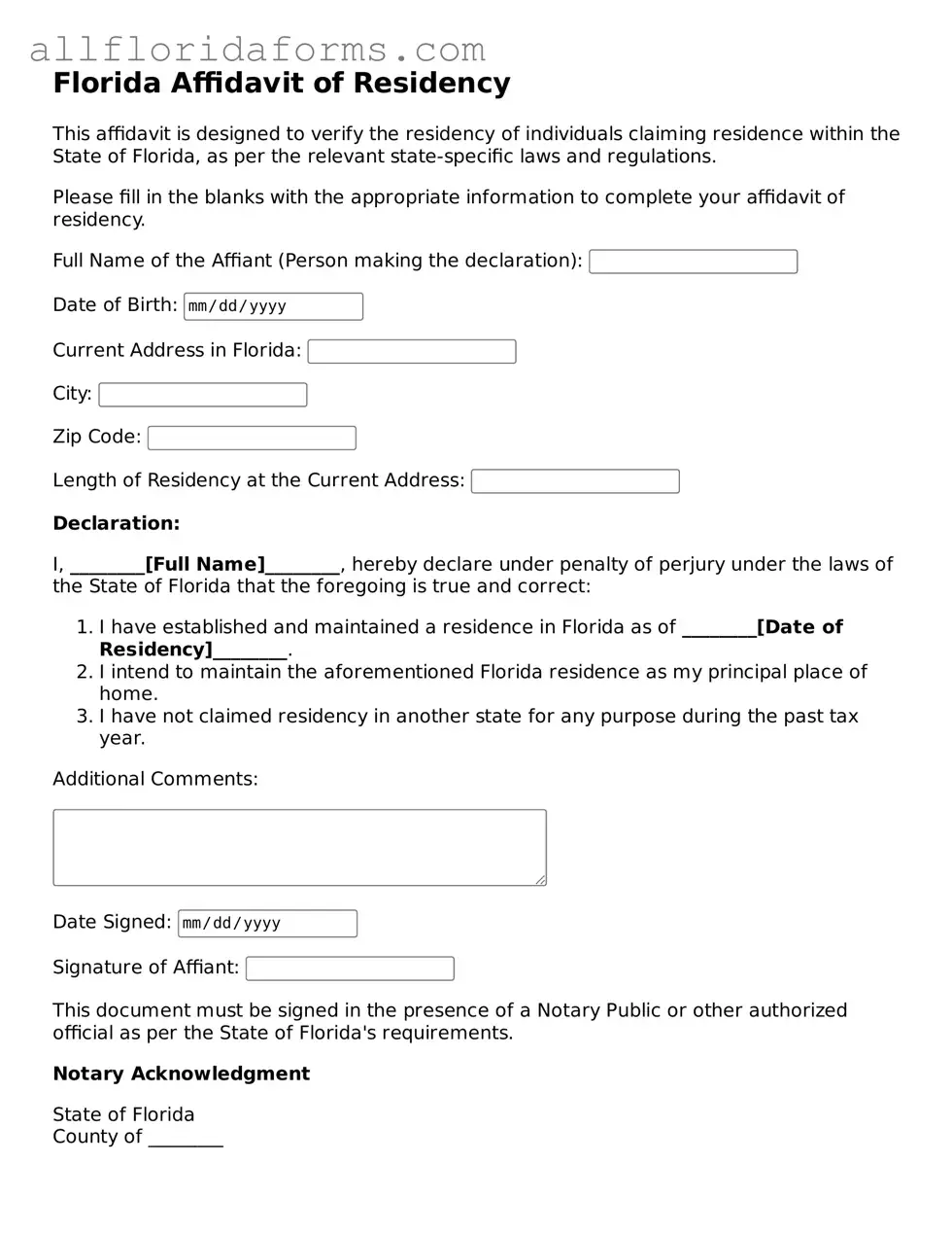 Attorney-Approved  Affidavit of Residency Template for Florida