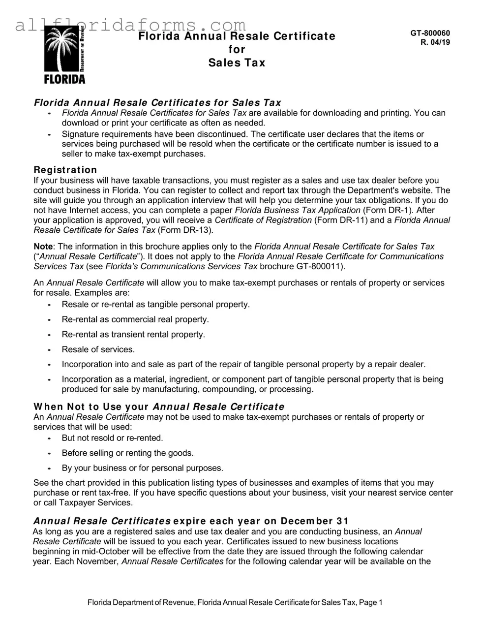 Florida Annual Resale Certificate Form in PDF