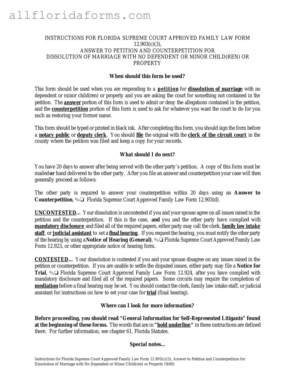Florida Answer to Petition and Counterpetition for Dissolution of Marriage Form in PDF