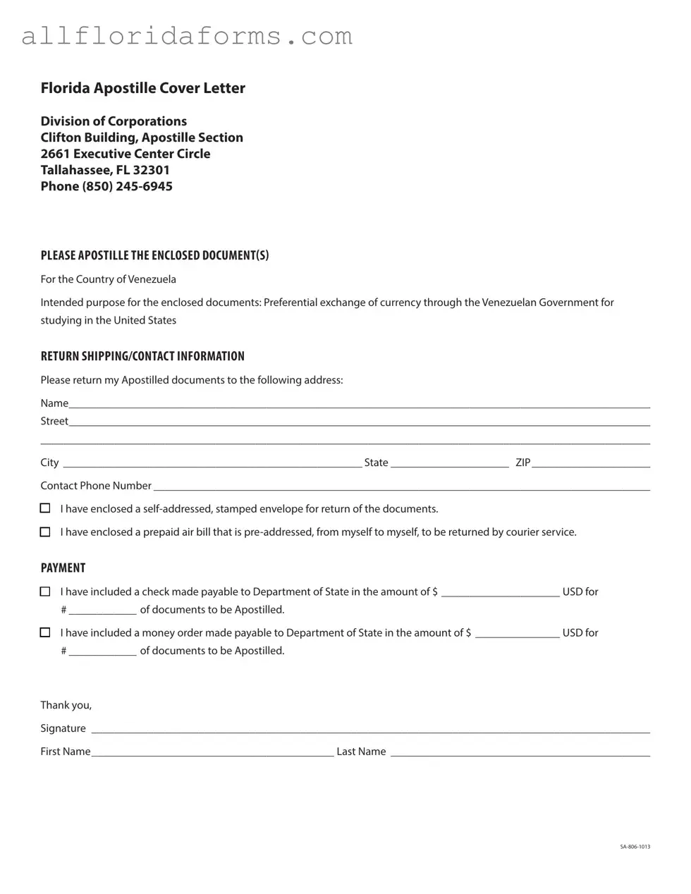 Florida Apostille Cover Letter Sample Form in PDF