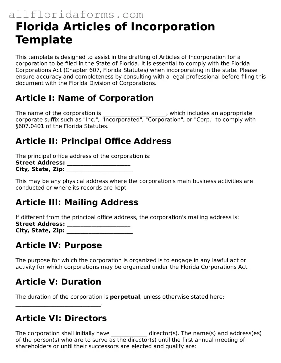 Attorney-Approved  Articles of Incorporation Template for Florida