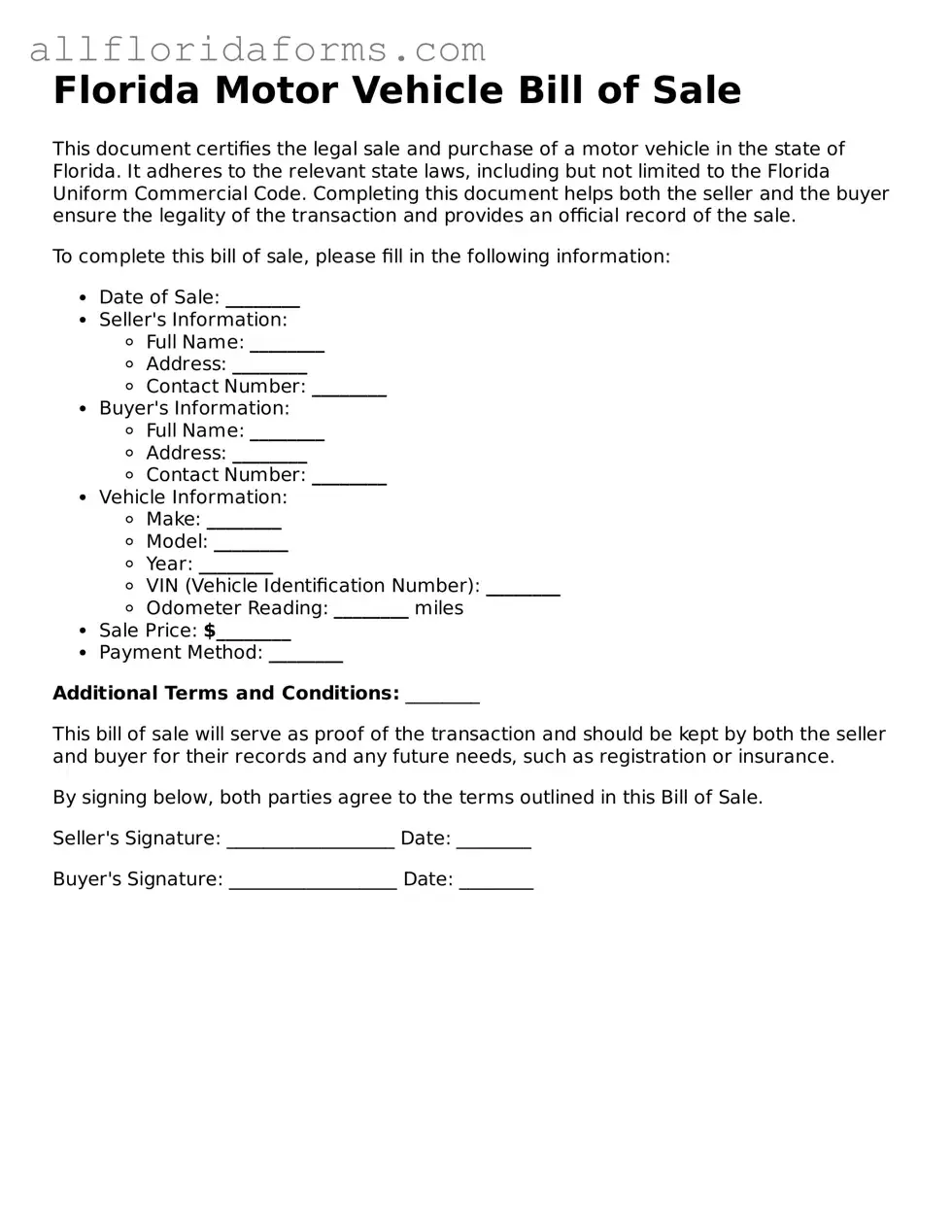 Attorney-Approved  Motor Vehicle Bill of Sale Template for Florida