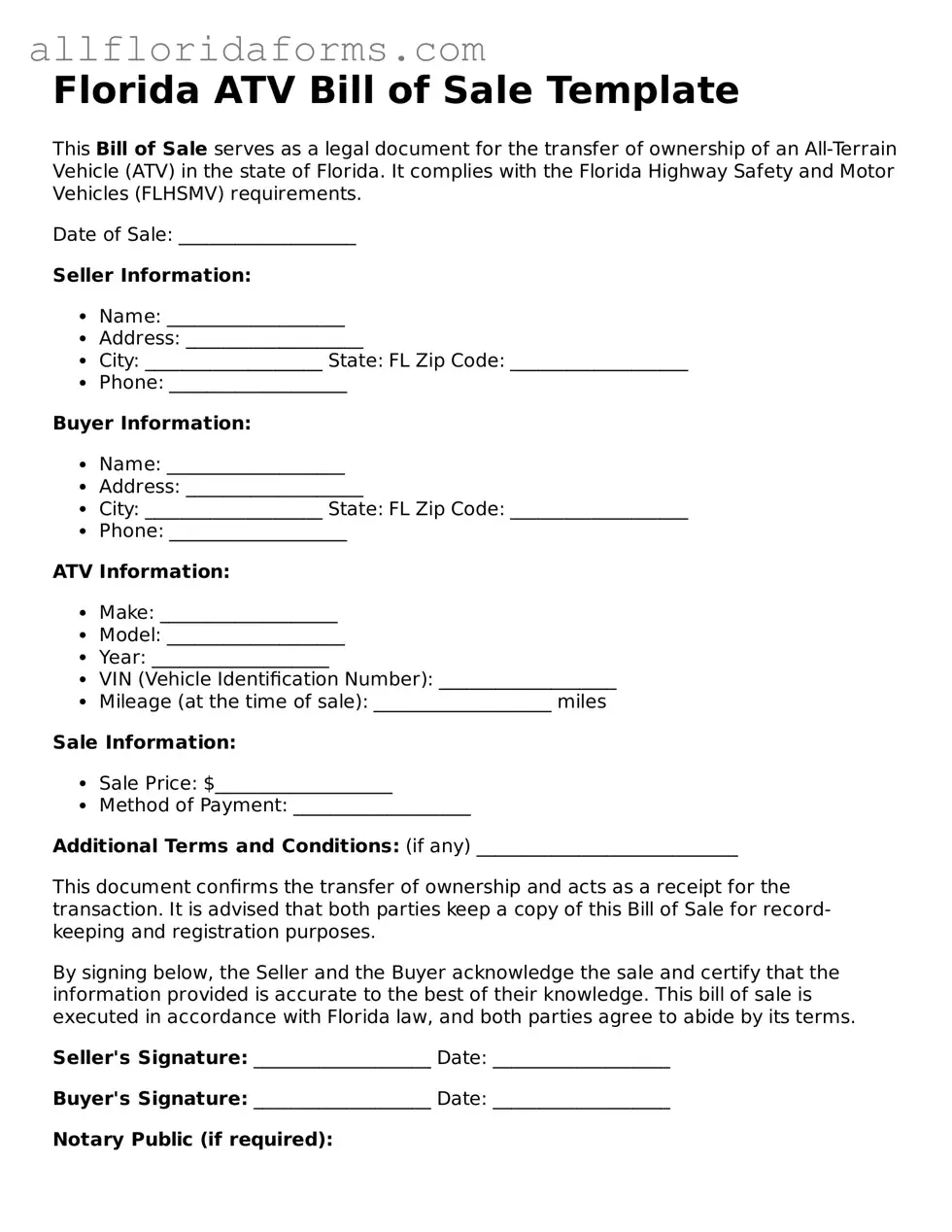 Attorney-Approved  ATV Bill of Sale Template for Florida