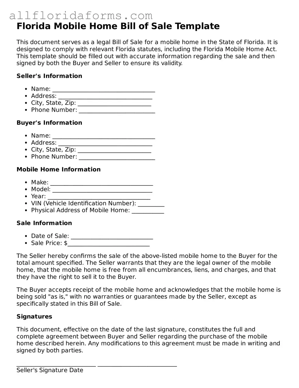 Attorney-Approved  Mobile Home Bill of Sale Template for Florida