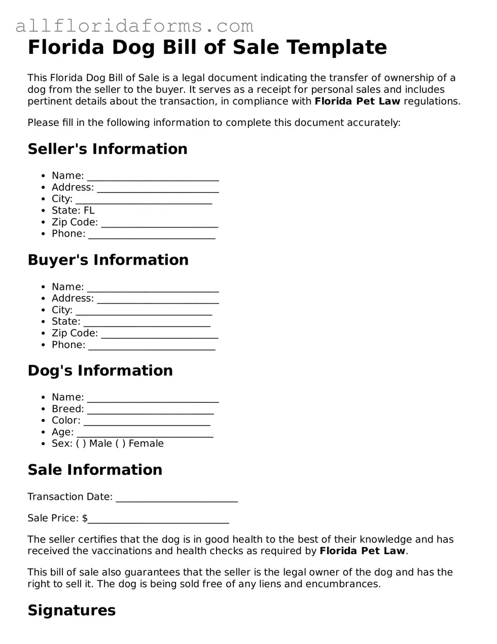 Attorney-Approved  Dog Bill of Sale Template for Florida