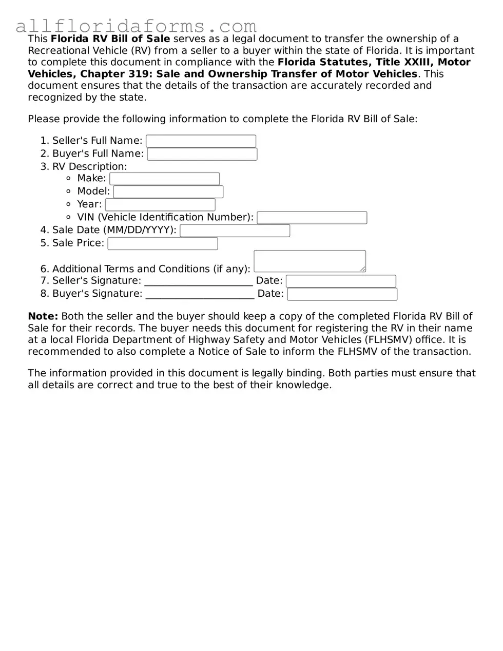 Attorney-Approved  RV Bill of Sale Template for Florida