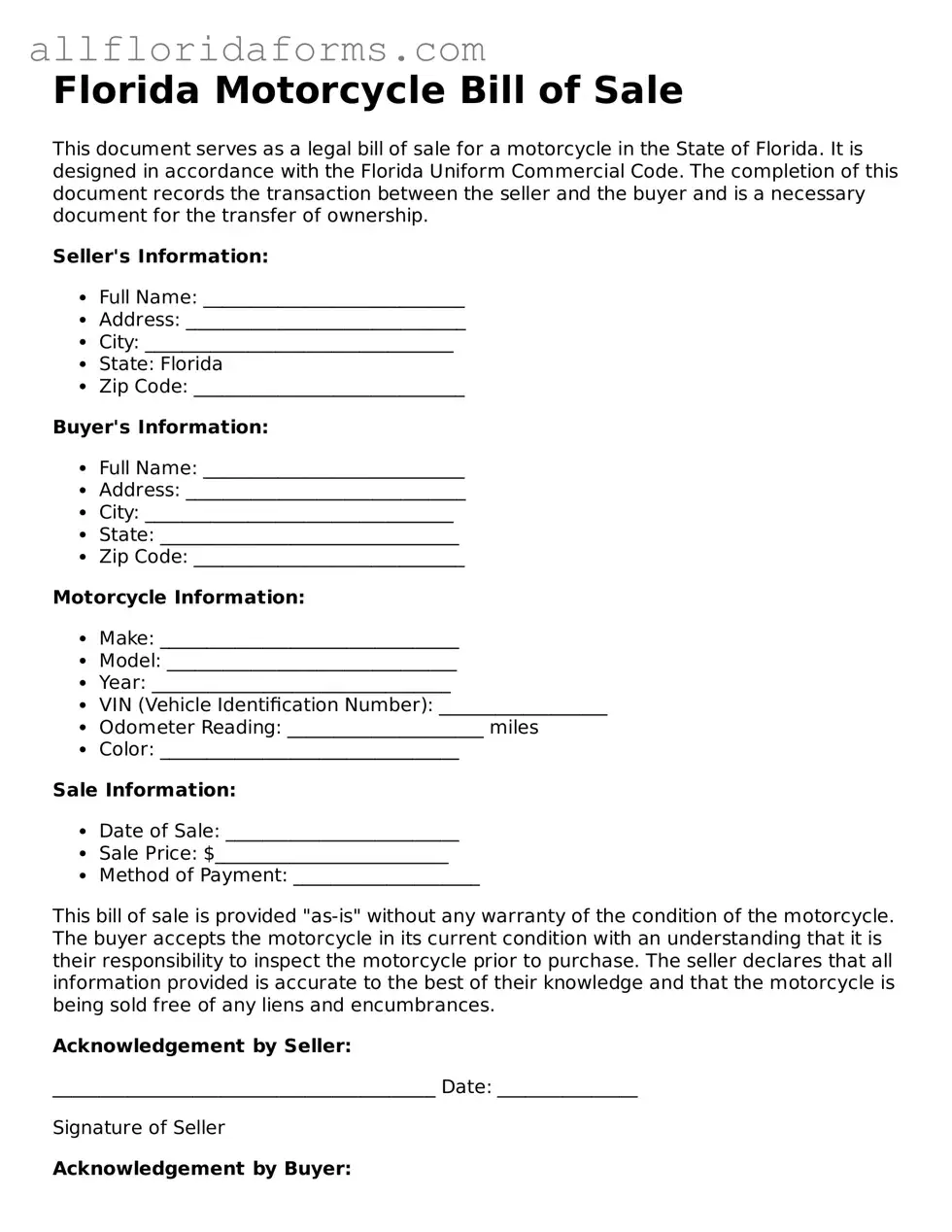 Attorney-Approved  Motorcycle Bill of Sale Template for Florida