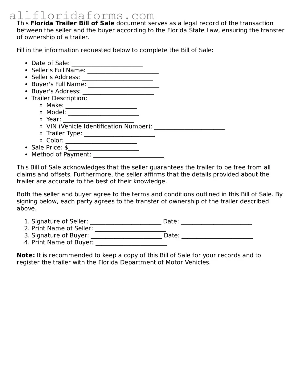Attorney-Approved  Trailer Bill of Sale Template for Florida