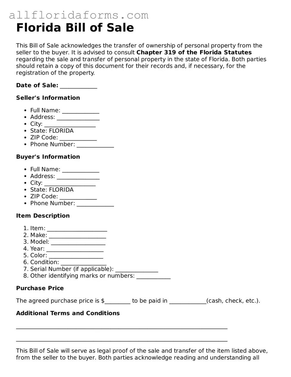 Attorney-Approved  Bill of Sale Template for Florida