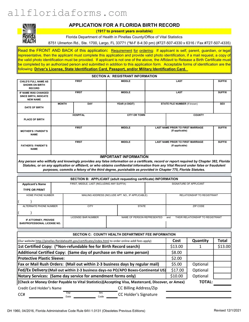 Florida Birth Certificate Form in PDF