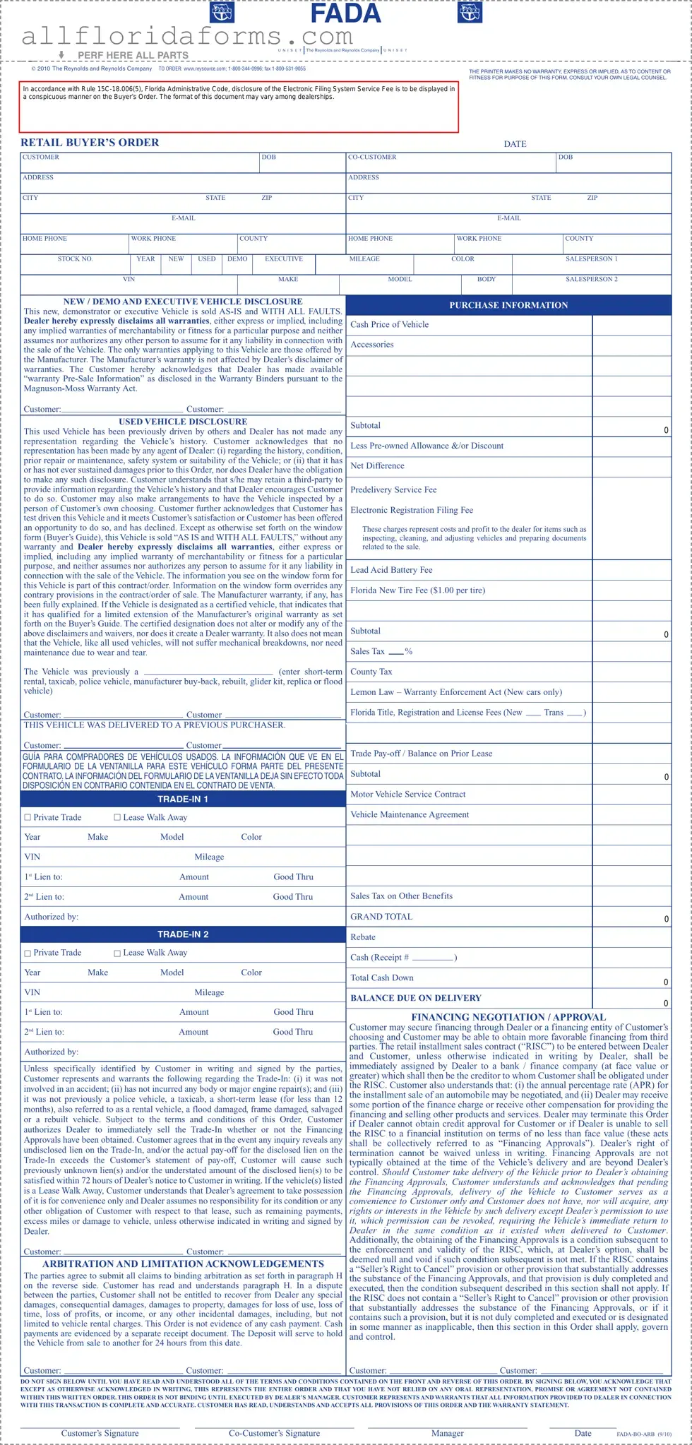 Florida Buyers Order Form in PDF