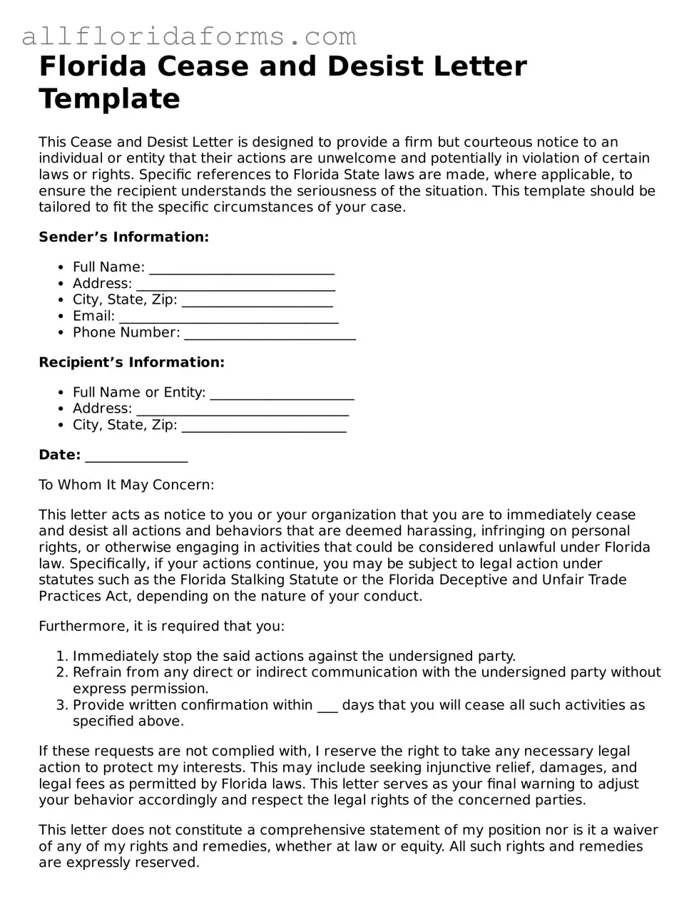 Attorney-Approved  Cease and Desist Letter Template for Florida