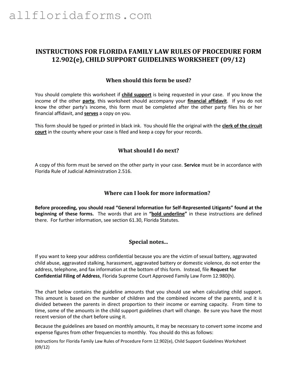 Florida Child Support Calculator Form in PDF
