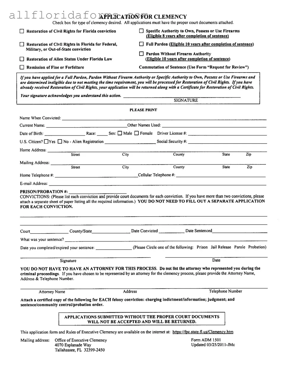 Florida Clemency Application Form in PDF