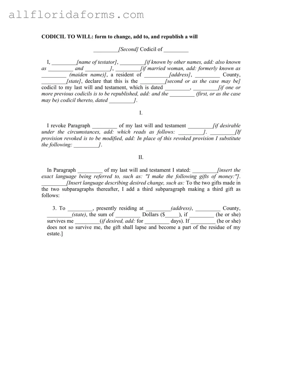 Florida Codicil Form in PDF
