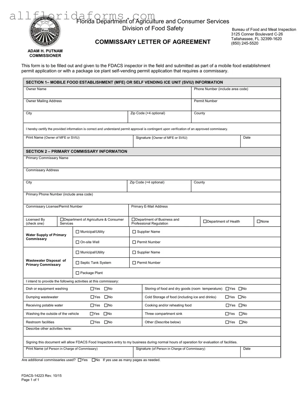 Florida Commissary Letter Of Agreement Form in PDF
