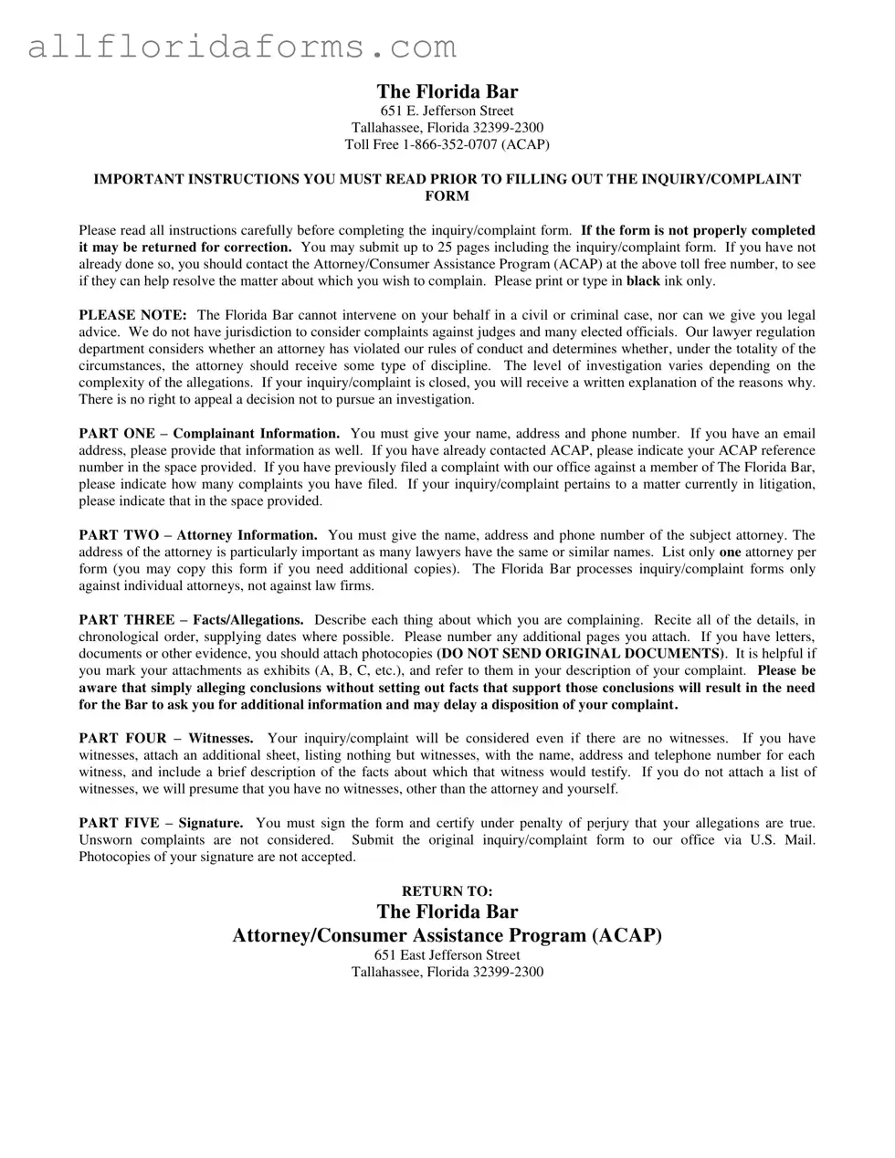 Florida Complaint Form in PDF