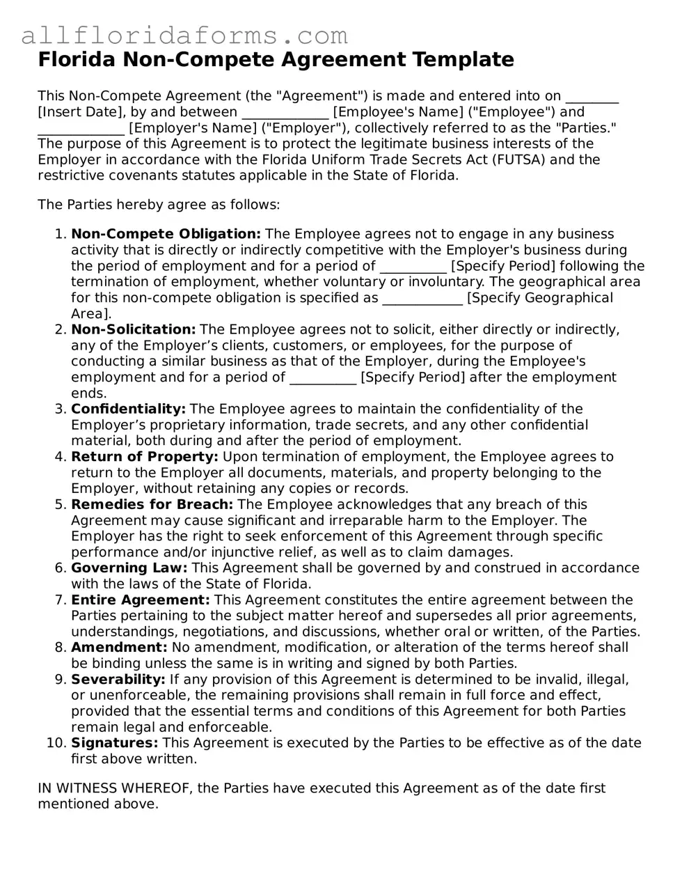 Attorney-Approved  Non-compete Agreement Template for Florida