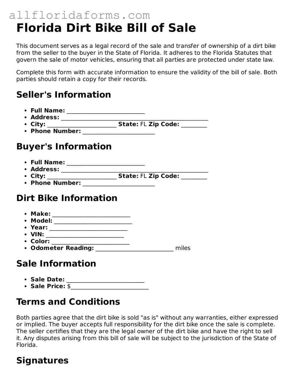 Attorney-Approved  Dirt Bike Bill of Sale Template for Florida