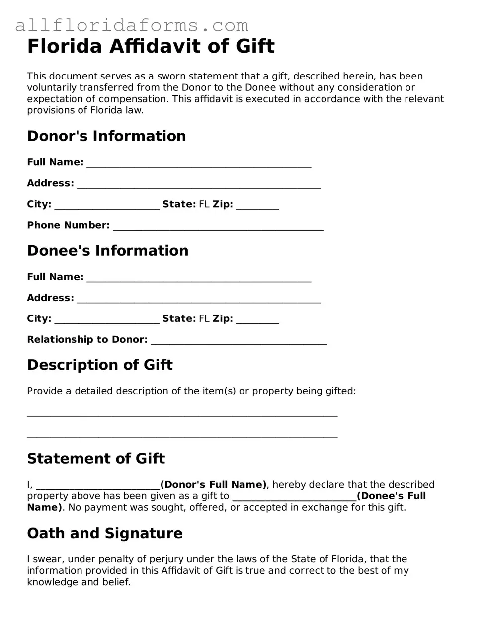 Attorney-Approved  Affidavit of Gift Template for Florida