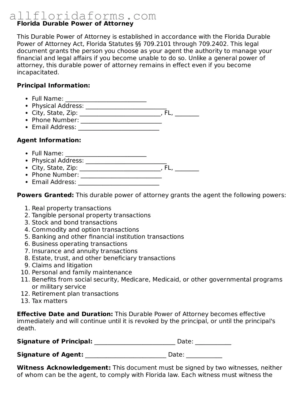 Attorney-Approved  Durable Power of Attorney Template for Florida