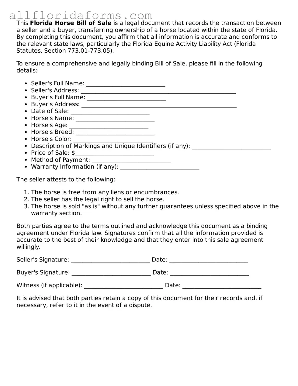 Attorney-Approved  Horse Bill of Sale Template for Florida