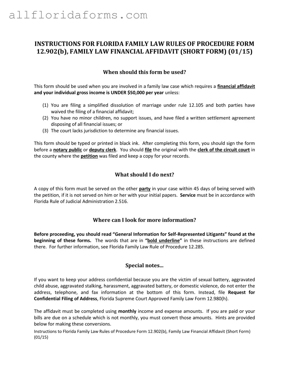 Florida Financial Affidavit Short 12.902(b) Form in PDF