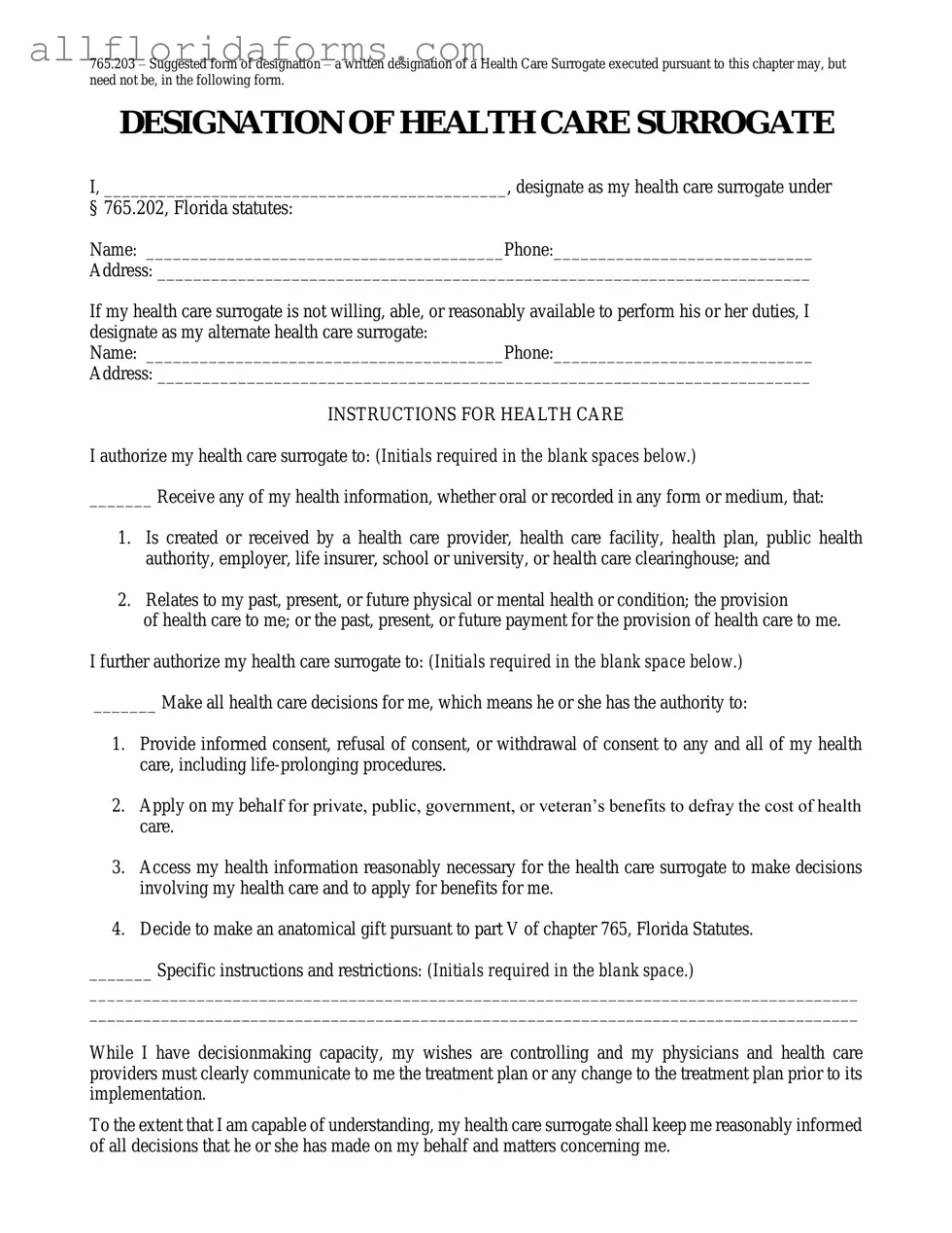 Florida Health Care Surrogate Form in PDF