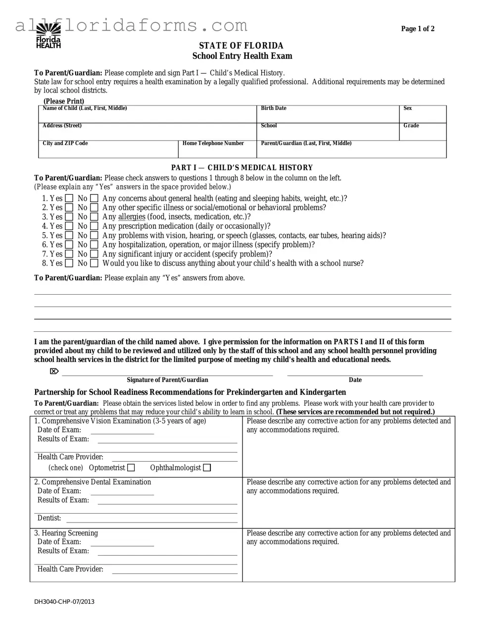 Florida Health Form in PDF
