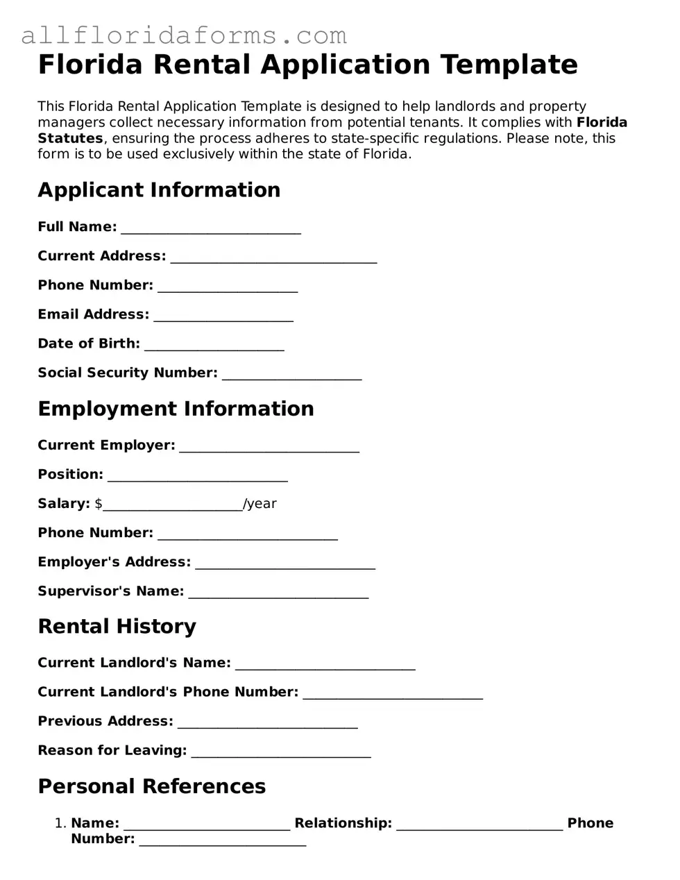 Attorney-Approved  Rental Application Template for Florida