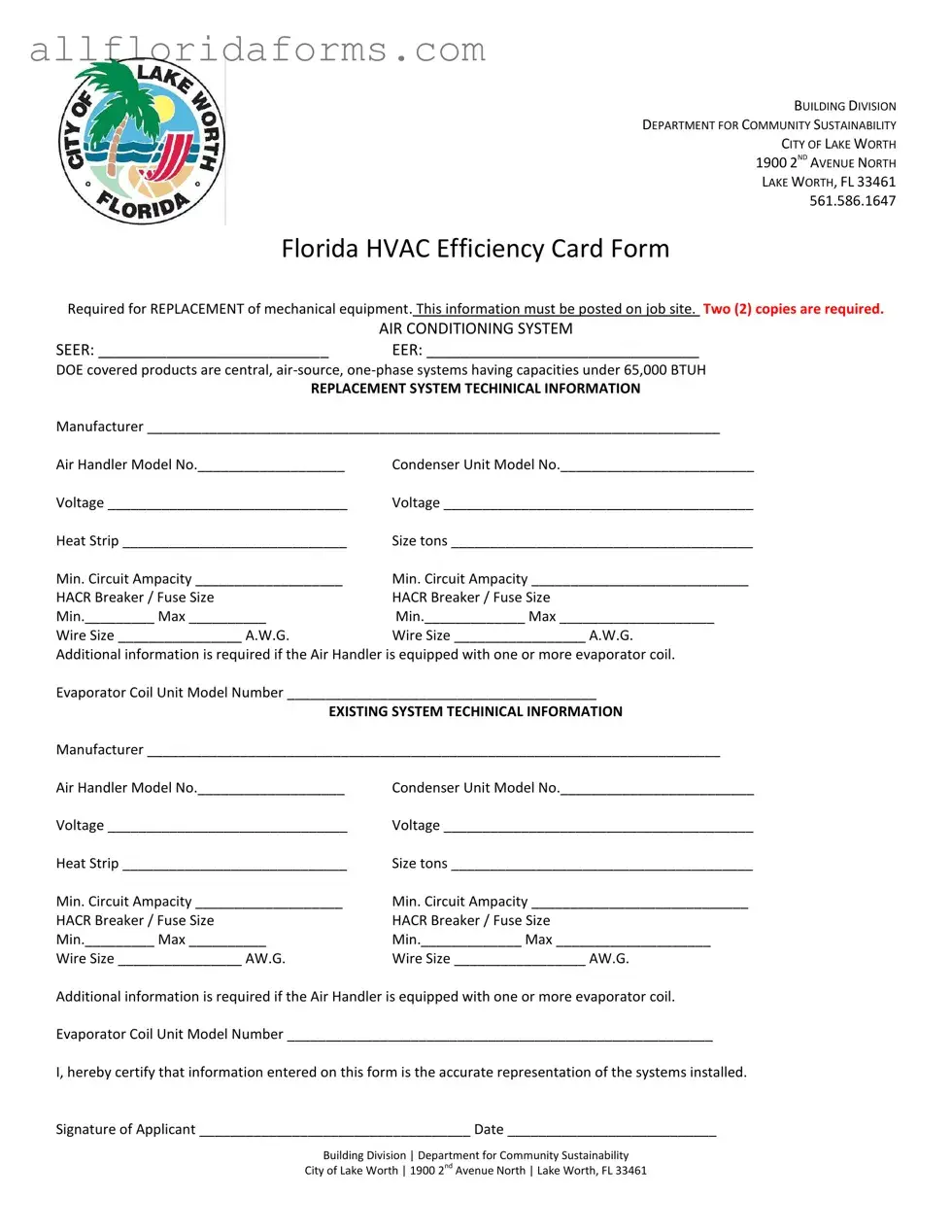 Florida Hvac Efficiency Card Form in PDF