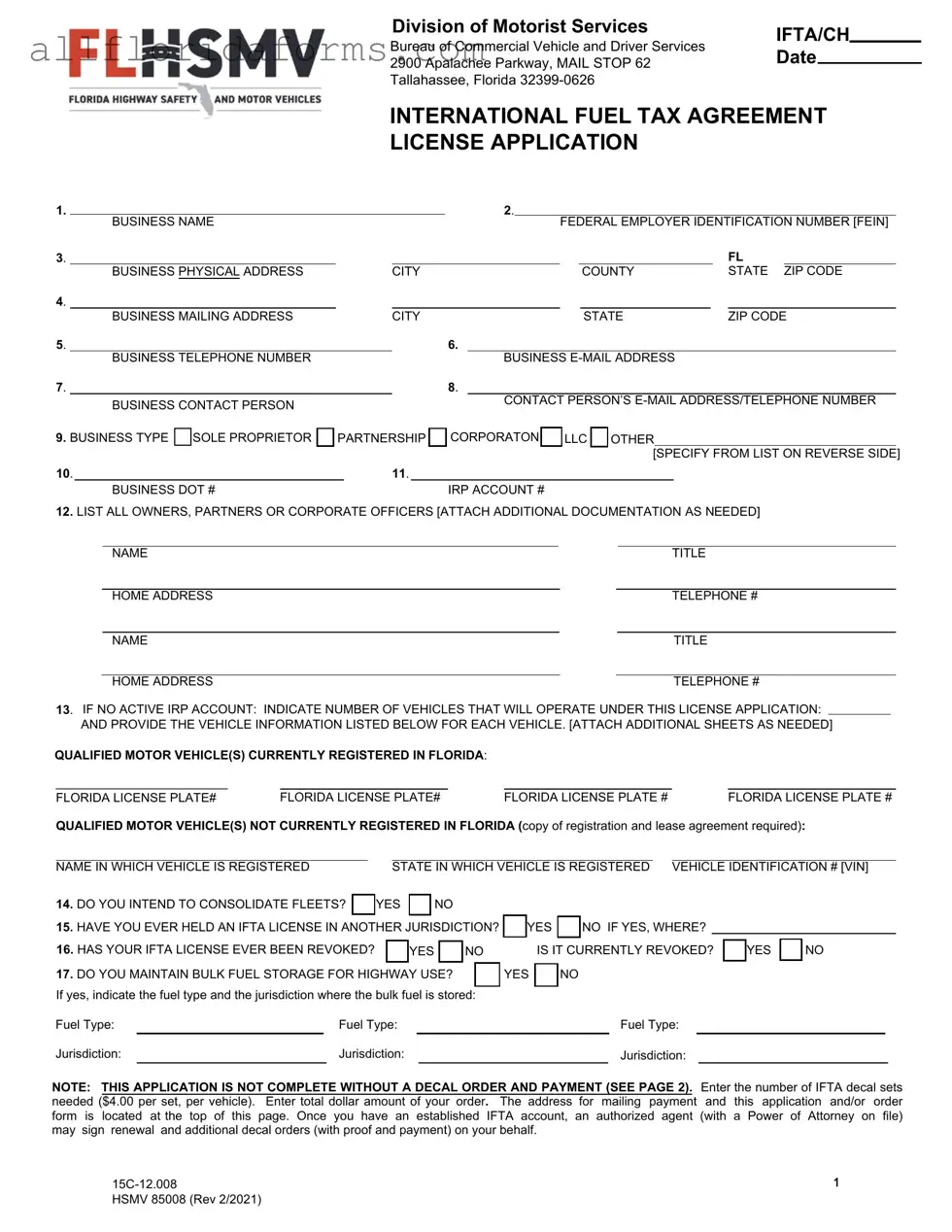 Florida Ifta Application Form in PDF