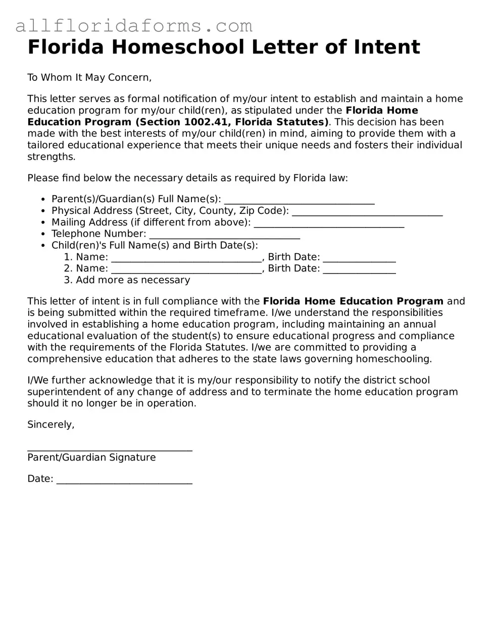 Attorney-Approved  Homeschool Letter of Intent Template for Florida