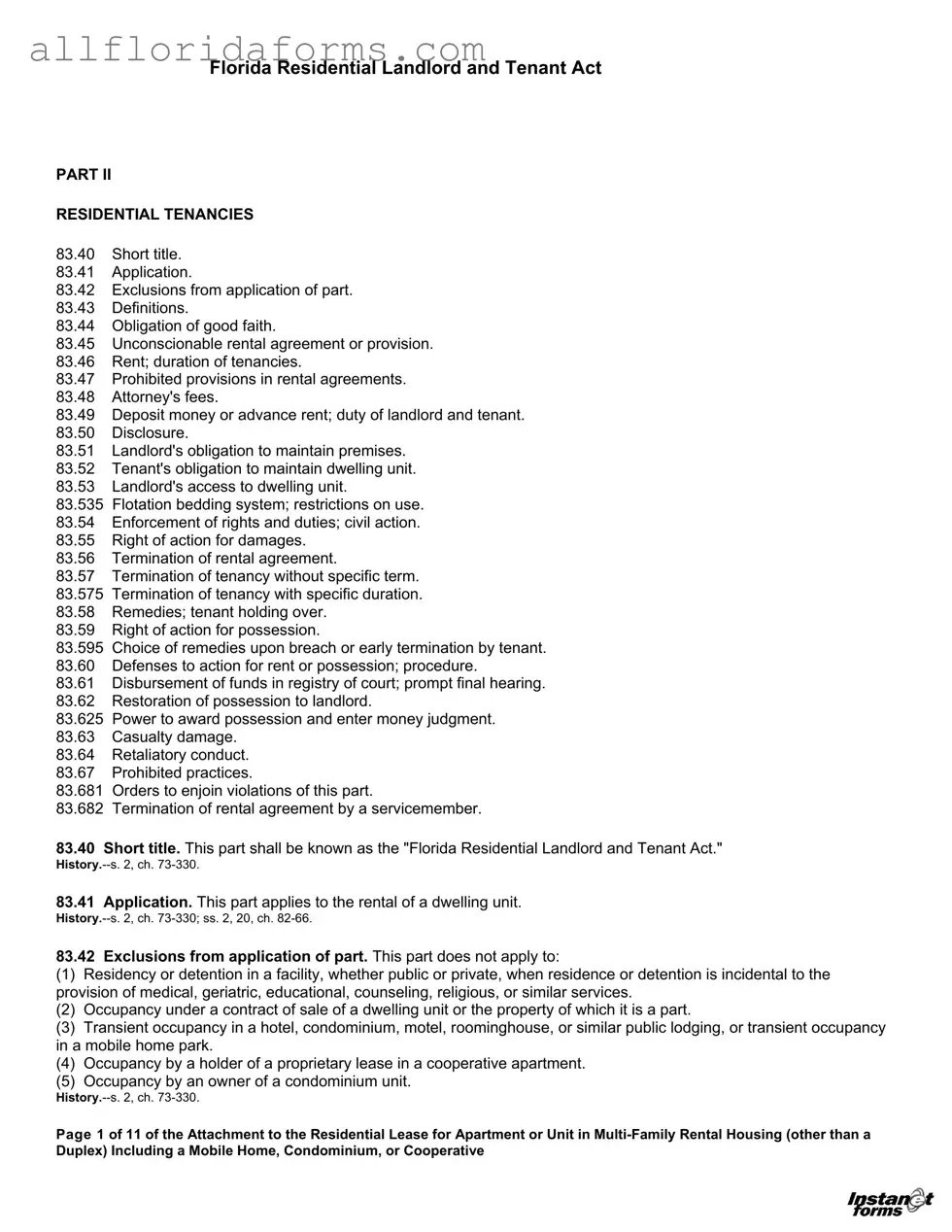 Florida Landlord Tenant Act Form in PDF