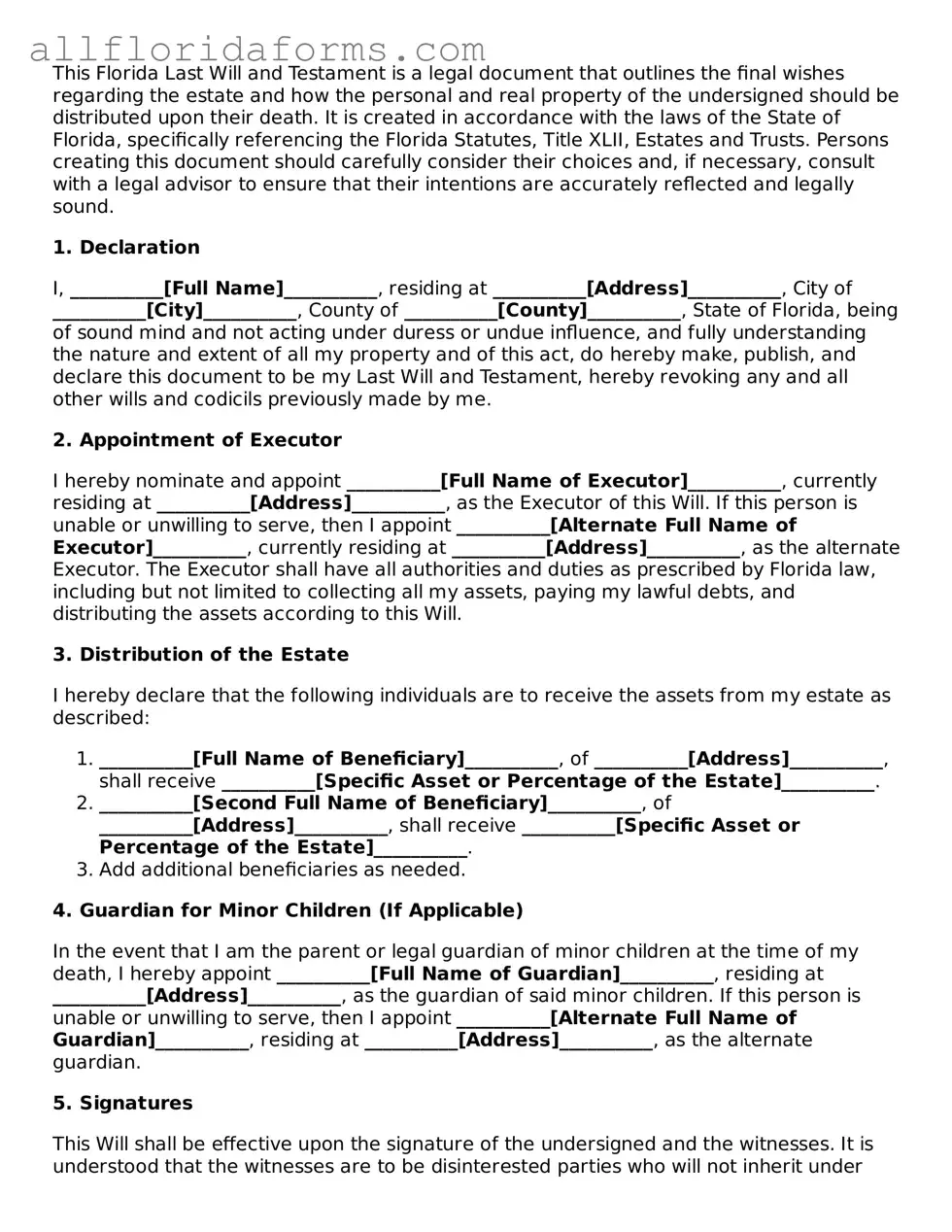 Attorney-Approved  Last Will and Testament Template for Florida