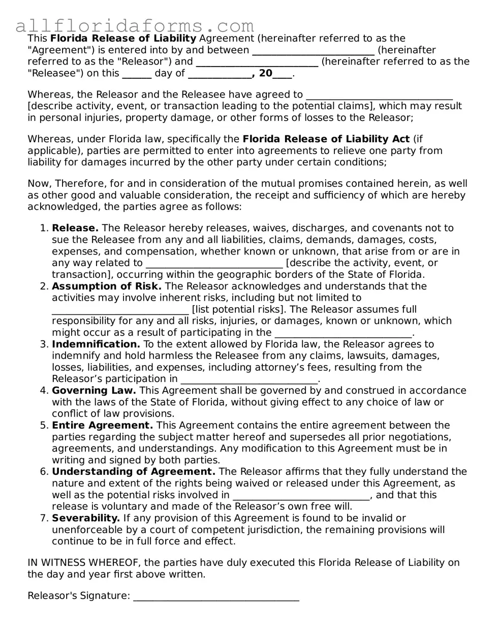 Attorney-Approved  Release of Liability Template for Florida