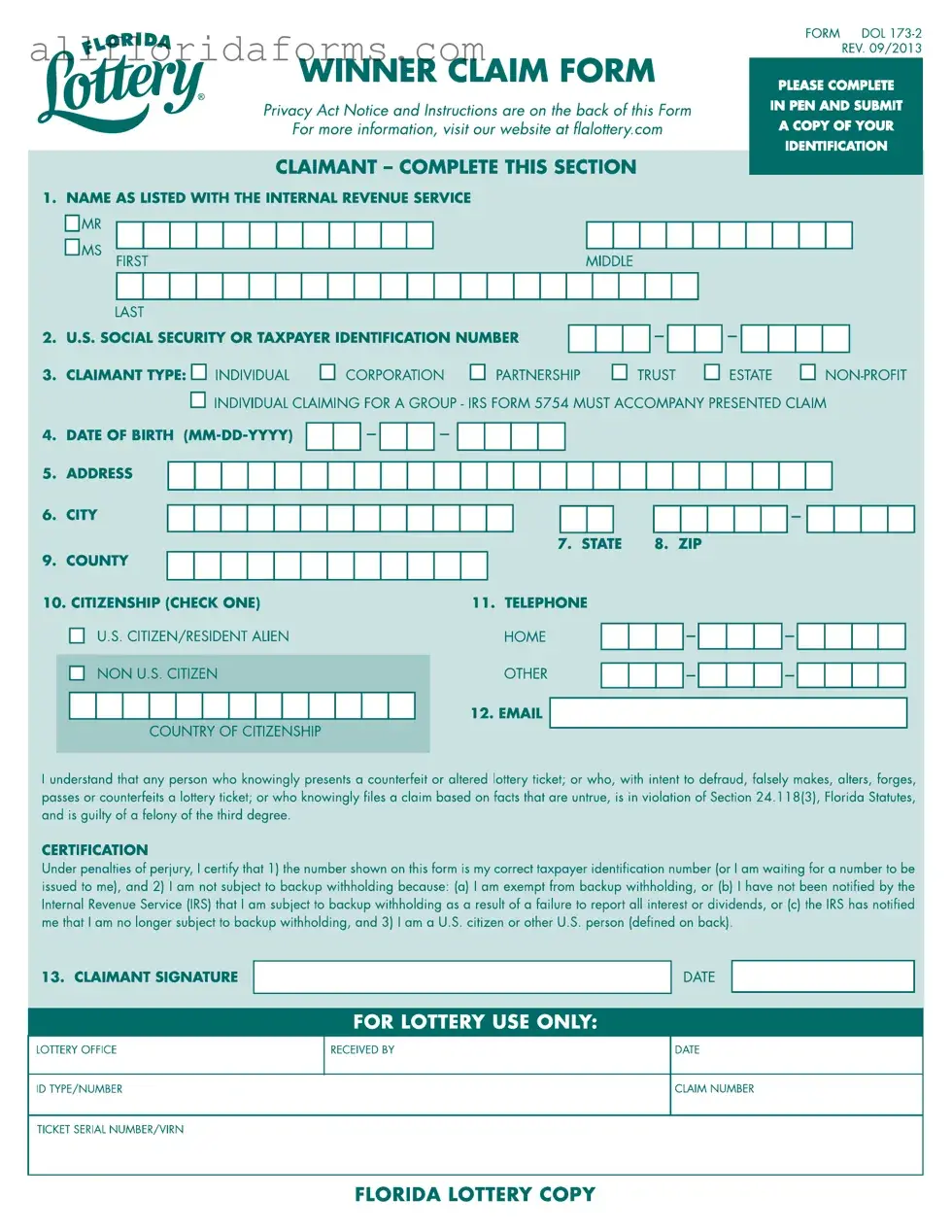 Florida Lottery Claim Form in PDF