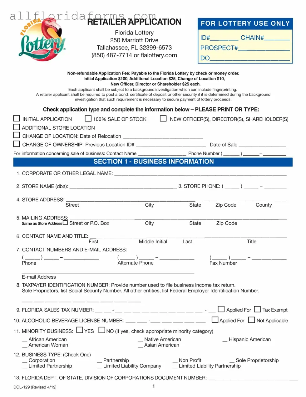 Florida Lottery Dol 129 Form in PDF