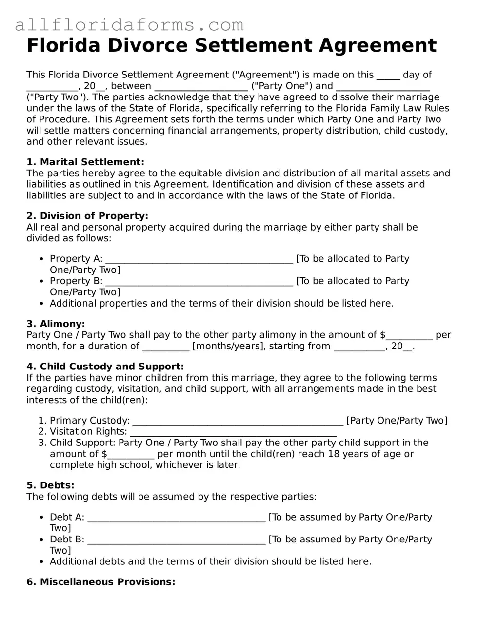 Attorney-Approved  Divorce Settlement Agreement Template for Florida