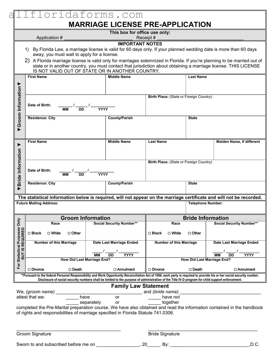 Florida Marriage Application Form in PDF