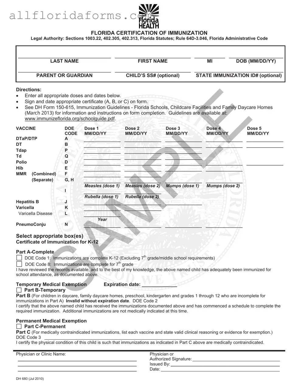 Florida Medical Exemption Vaccine Form in PDF