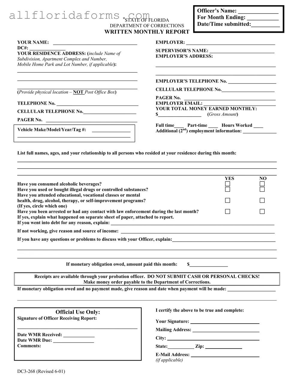 Florida Monthly Report Form in PDF