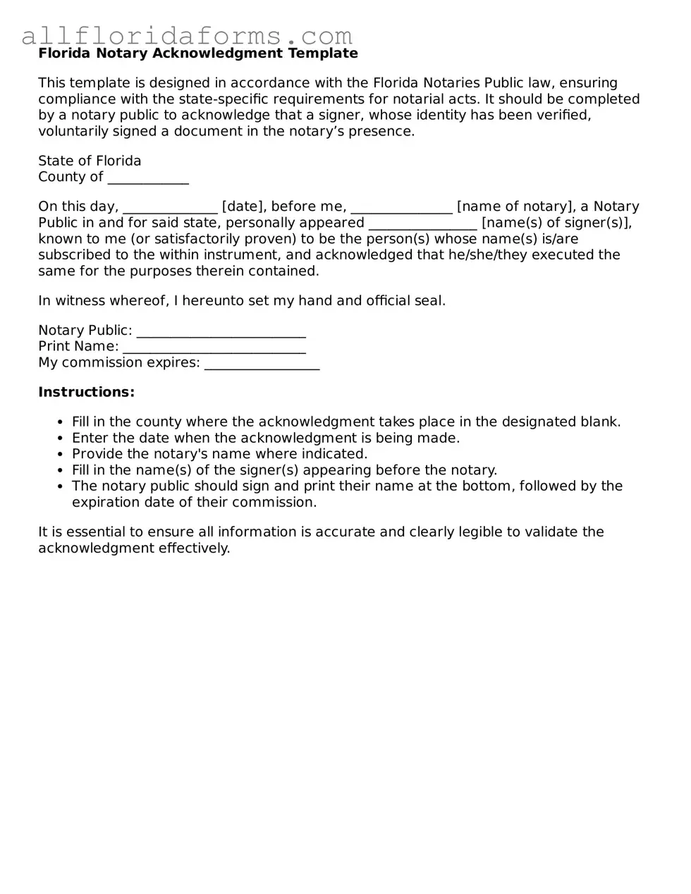 Attorney-Approved  Notary Acknowledgement Template for Florida