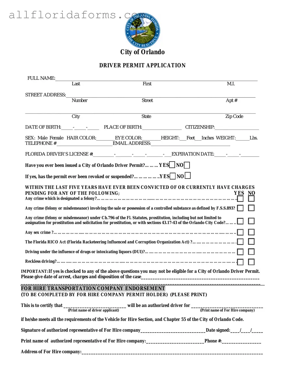 Florida Orlando Driver License Form in PDF