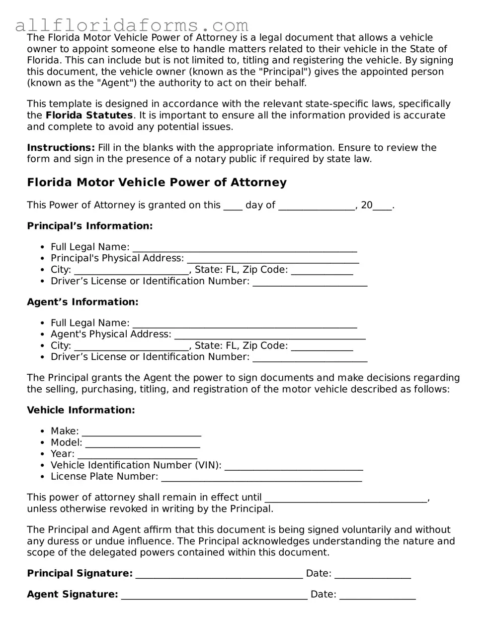 Attorney-Approved  Motor Vehicle Power of Attorney Template for Florida